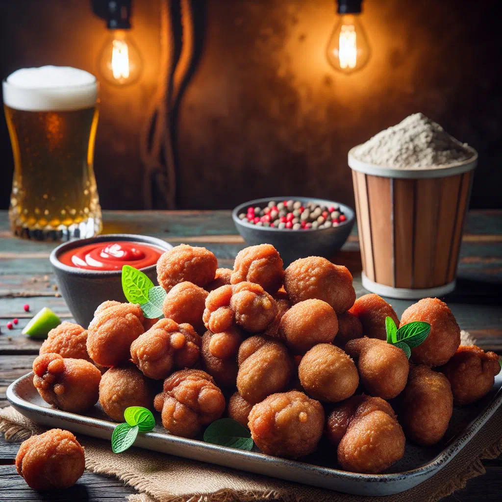 Golden deep-fried Rocky Mountain oysters served with a dipping sauce