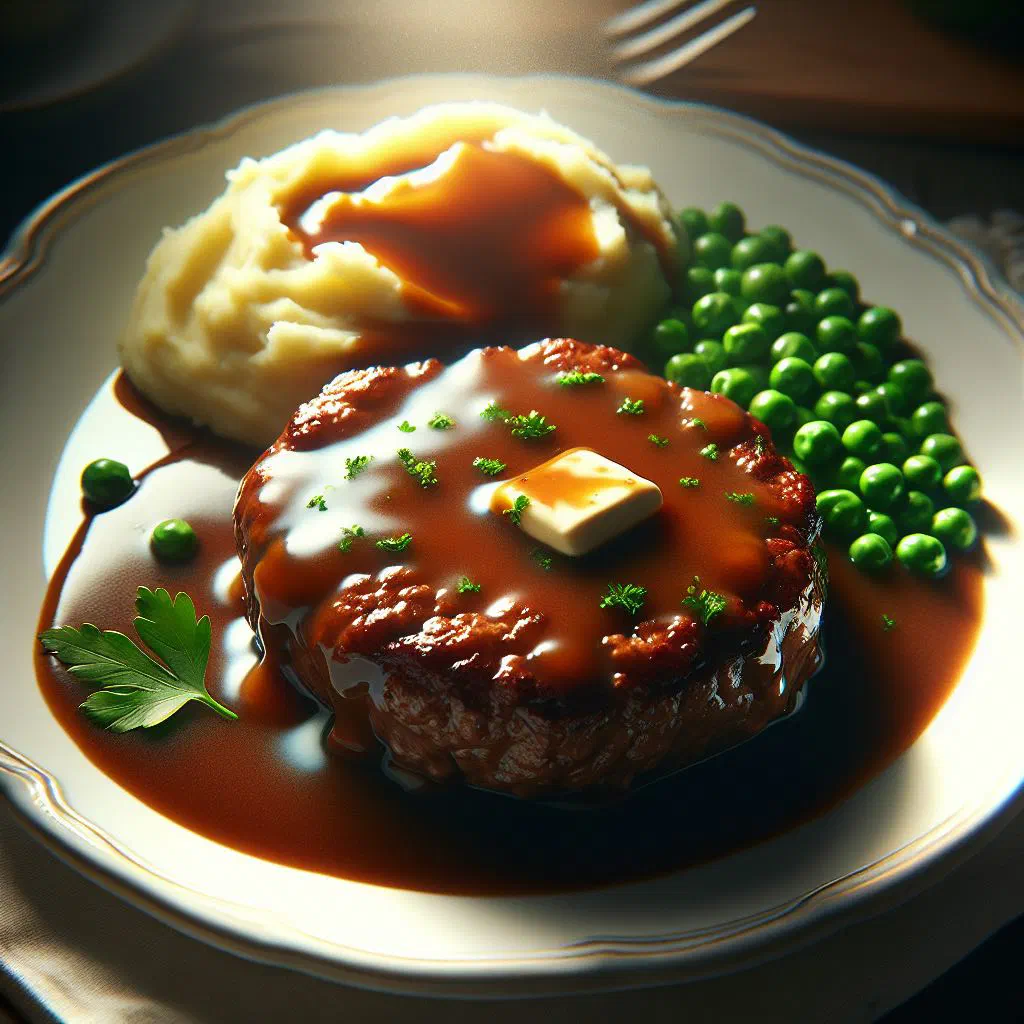 Salisbury steak patties smothered in rich onion gravy with mashed potato