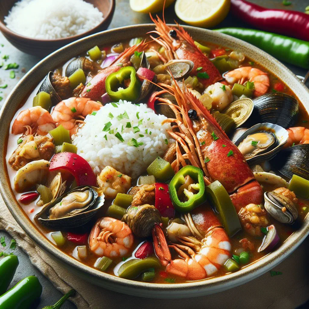 A bowl of seafood gumbo with prawns and mussels garnished with chives