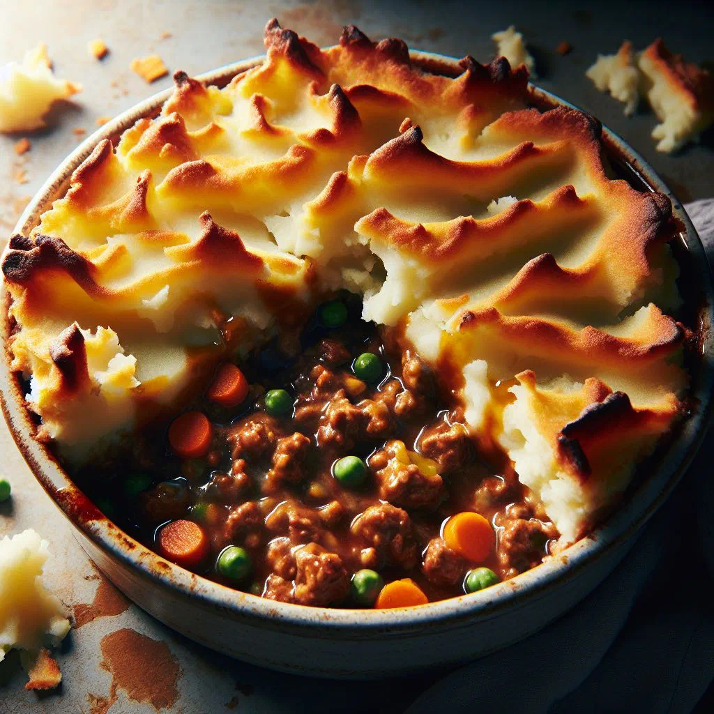 Shepherd’s pie with a golden mashed potato crust in a baking dish