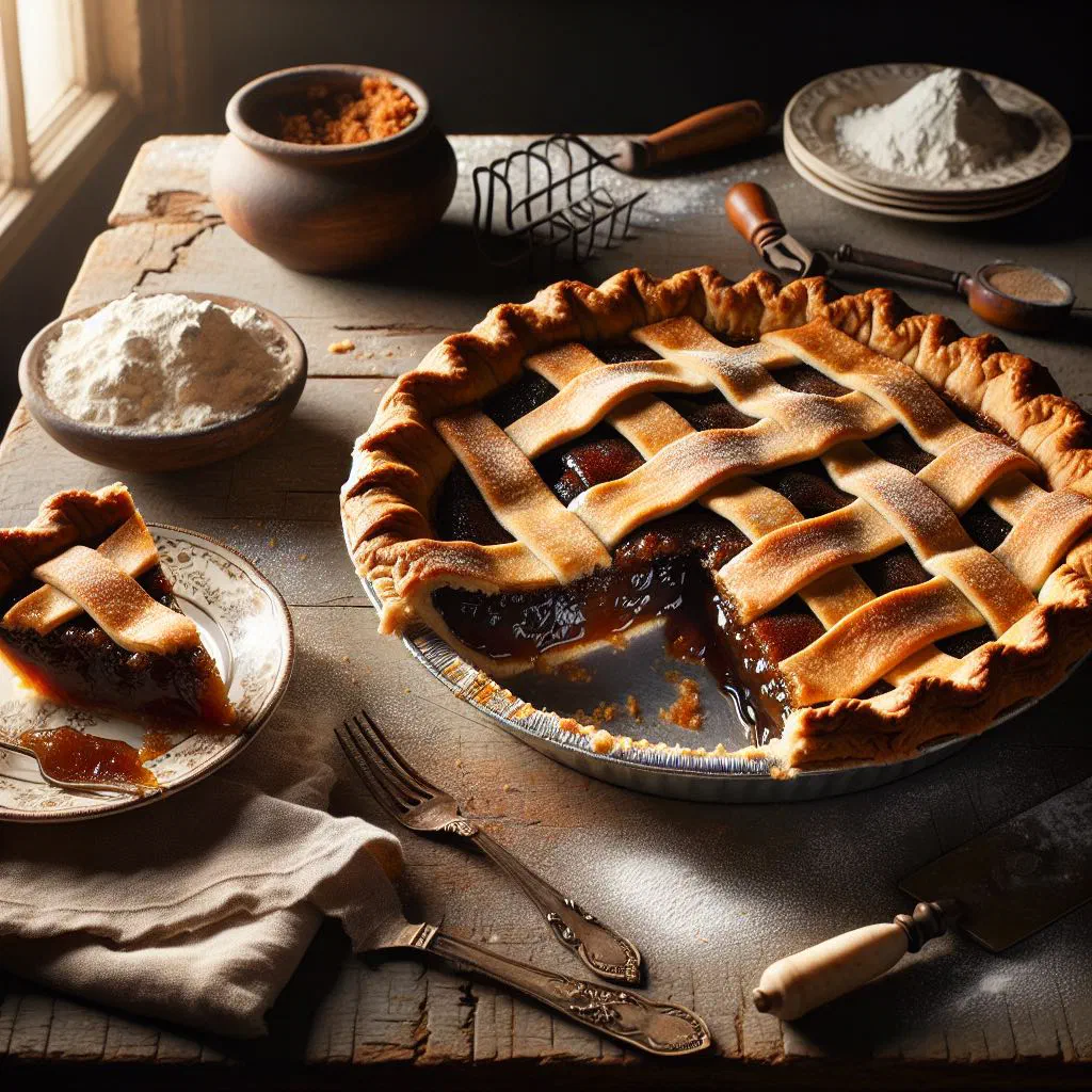 A slice of shoo fly pie with a crumb topping and molasses filling