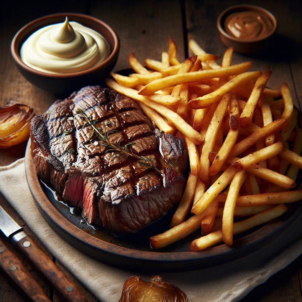 Juicy seared steak served with a pile of crisp golden chips