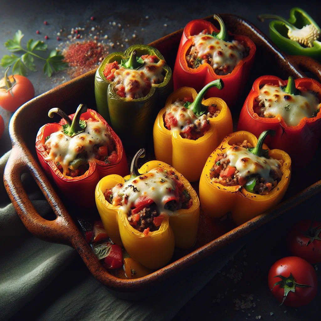Baked stuffed peppers filled with rice, minced beef and melted cheese