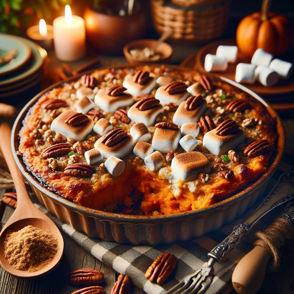 Baked sweet potato casserole with a golden nut crust