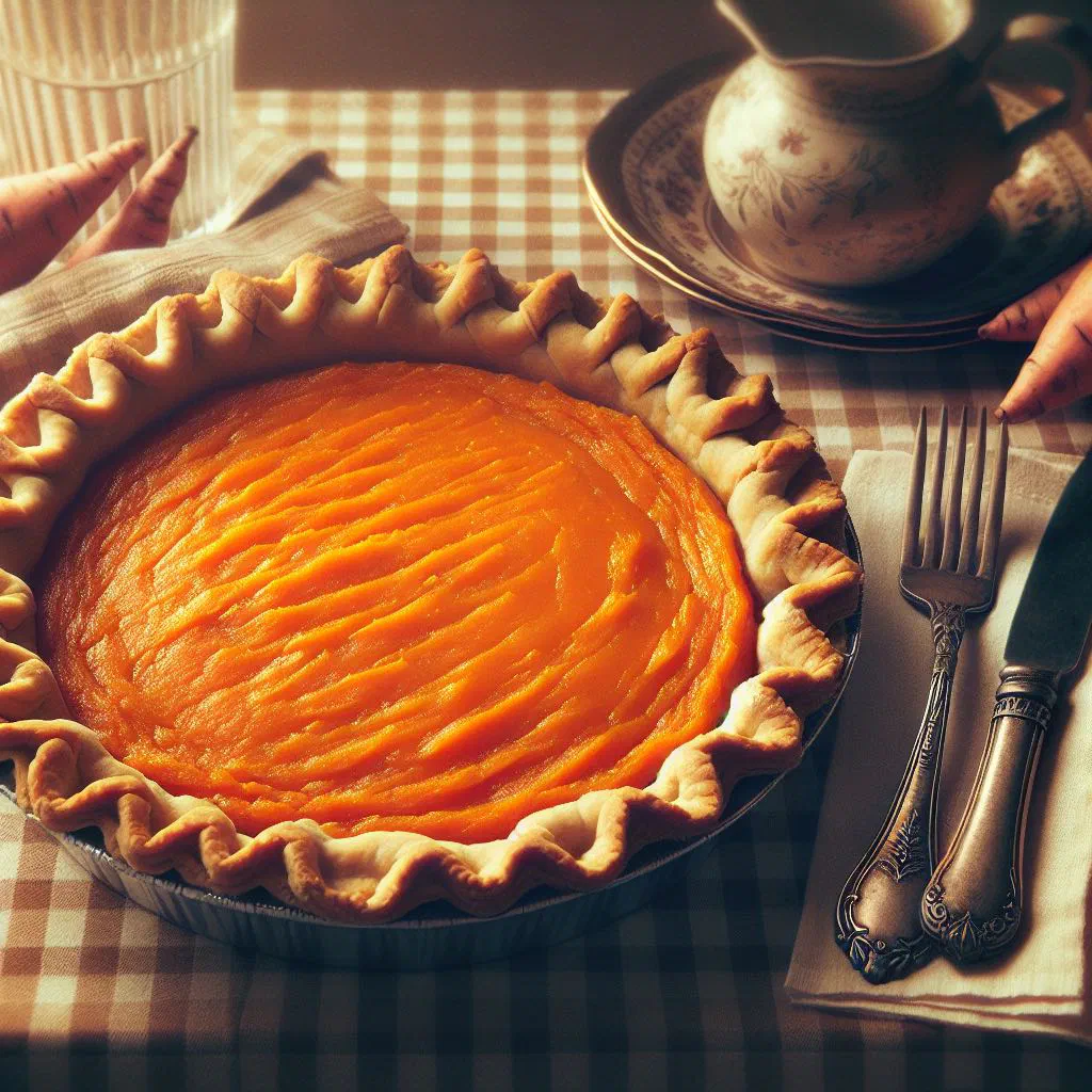 A slice of sweet potato pie with a golden crust and creamy spiced filling