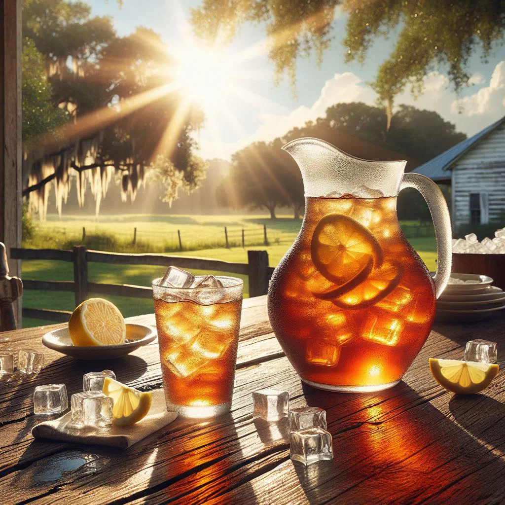 A tall glass of iced sweet tea with lemon slices and ice cubes