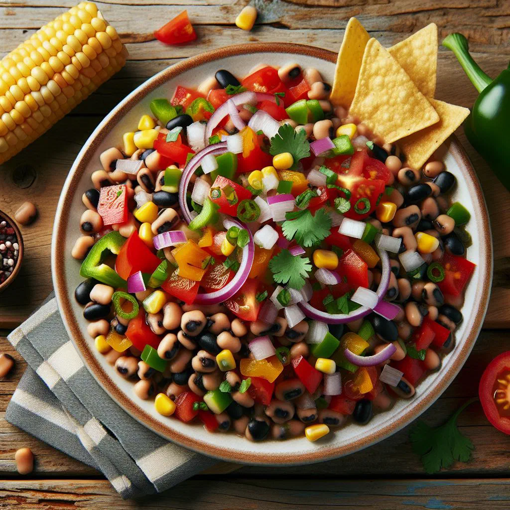 A colourful bowl of Texas caviar with black beans, sweetcorn, peppers and coriander