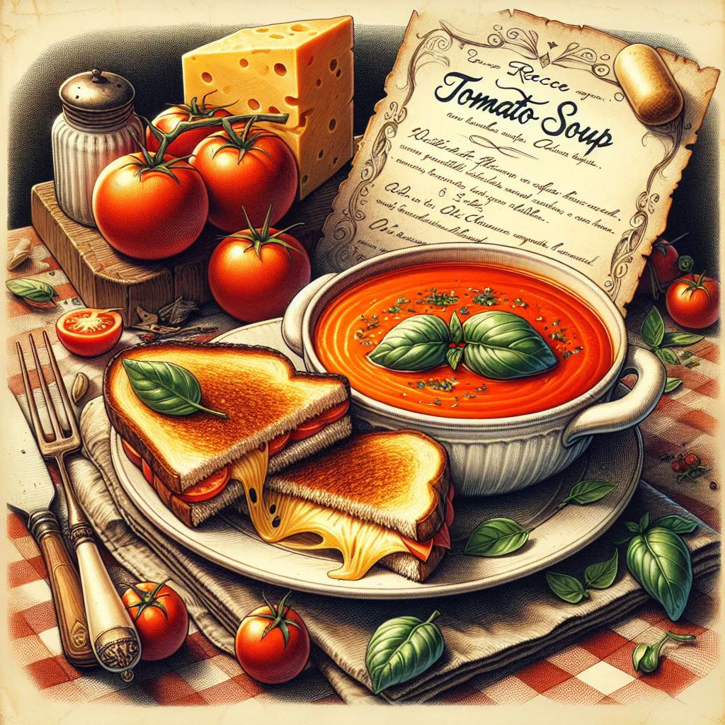 A bowl of creamy tomato soup with a crisp grilled cheese sandwich on the side
