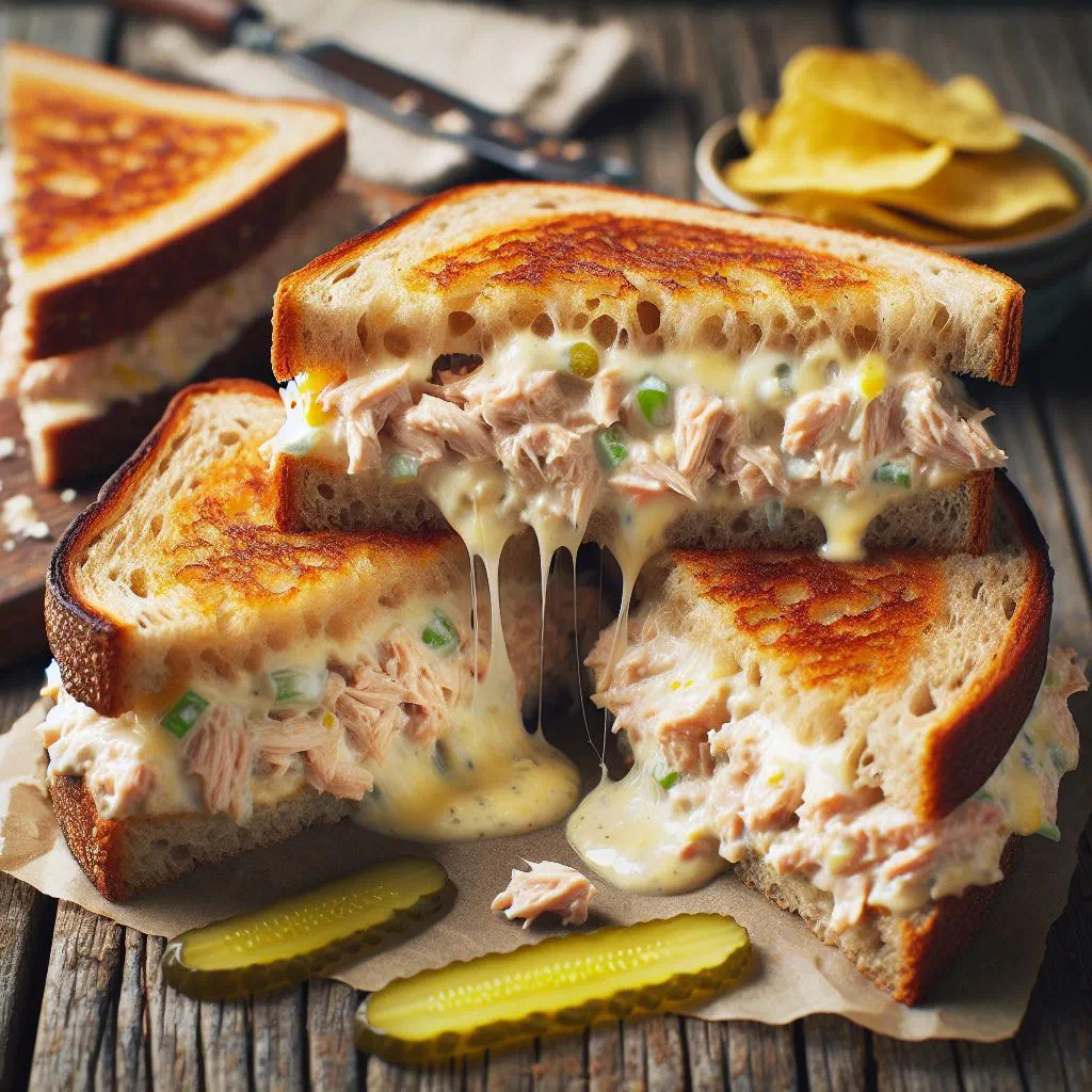 Golden toasted tuna melt sandwich with melted cheddar cheese