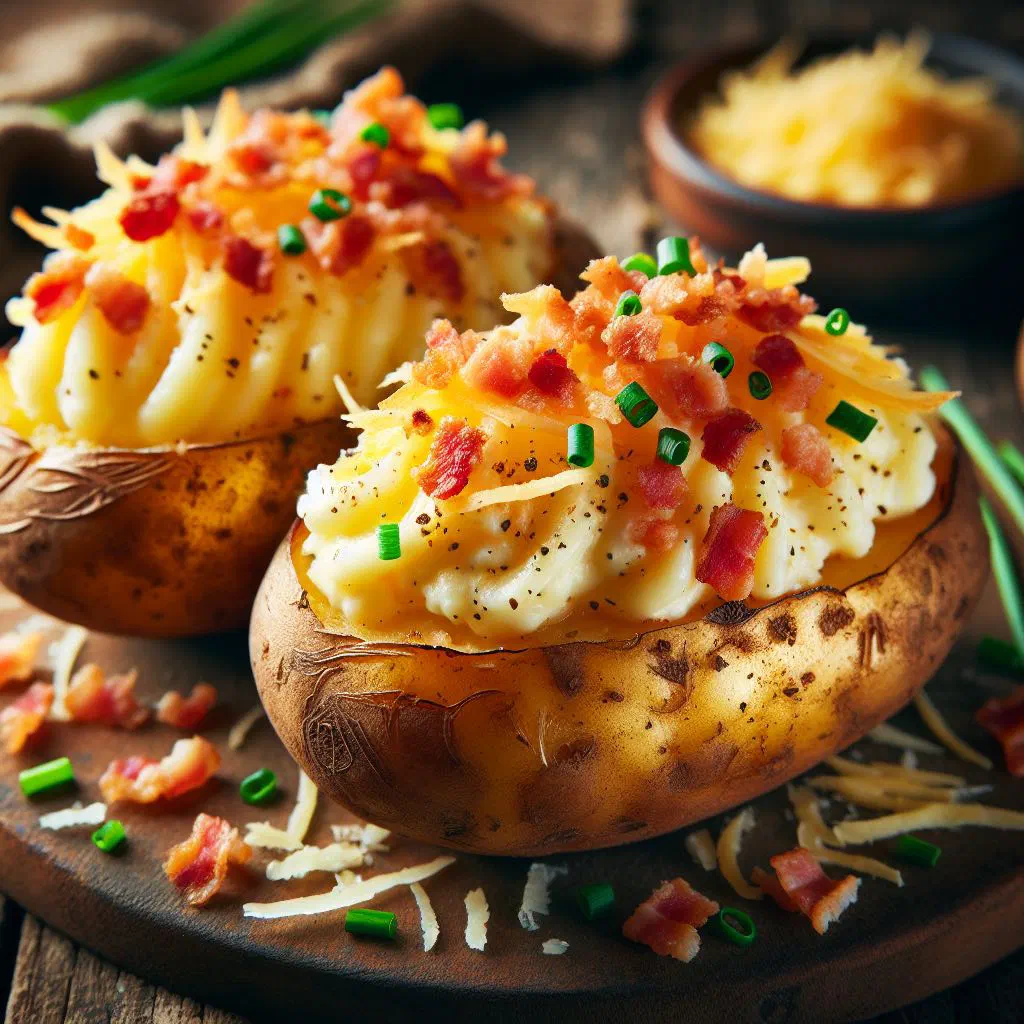 Twice-baked potatoes filled with cheese and topped with chopped chives