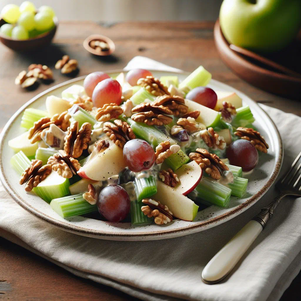 Waldorf salad with apples, celery and walnuts in a creamy dressing