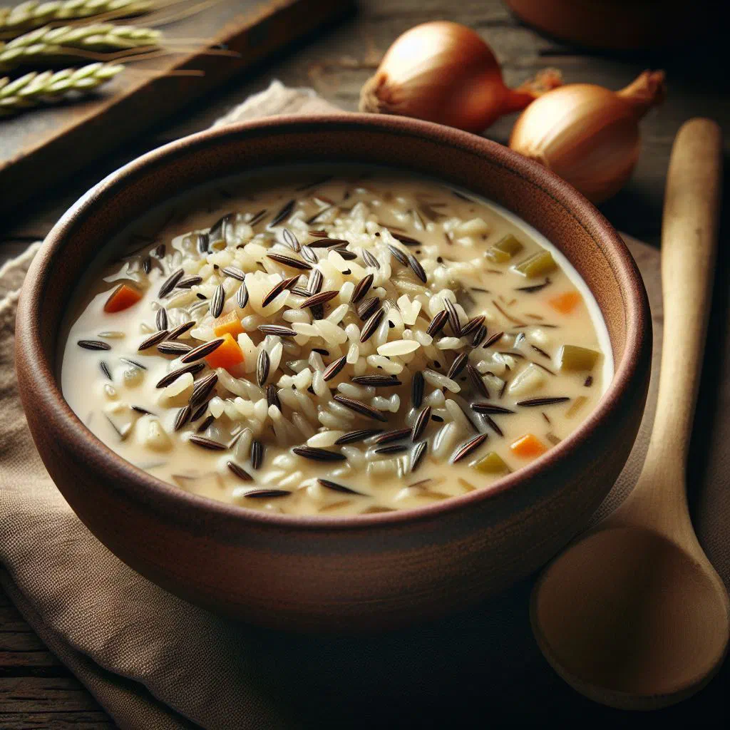 Creamy wild rice soup with vegetables in a bowl, garnished with fresh herbs