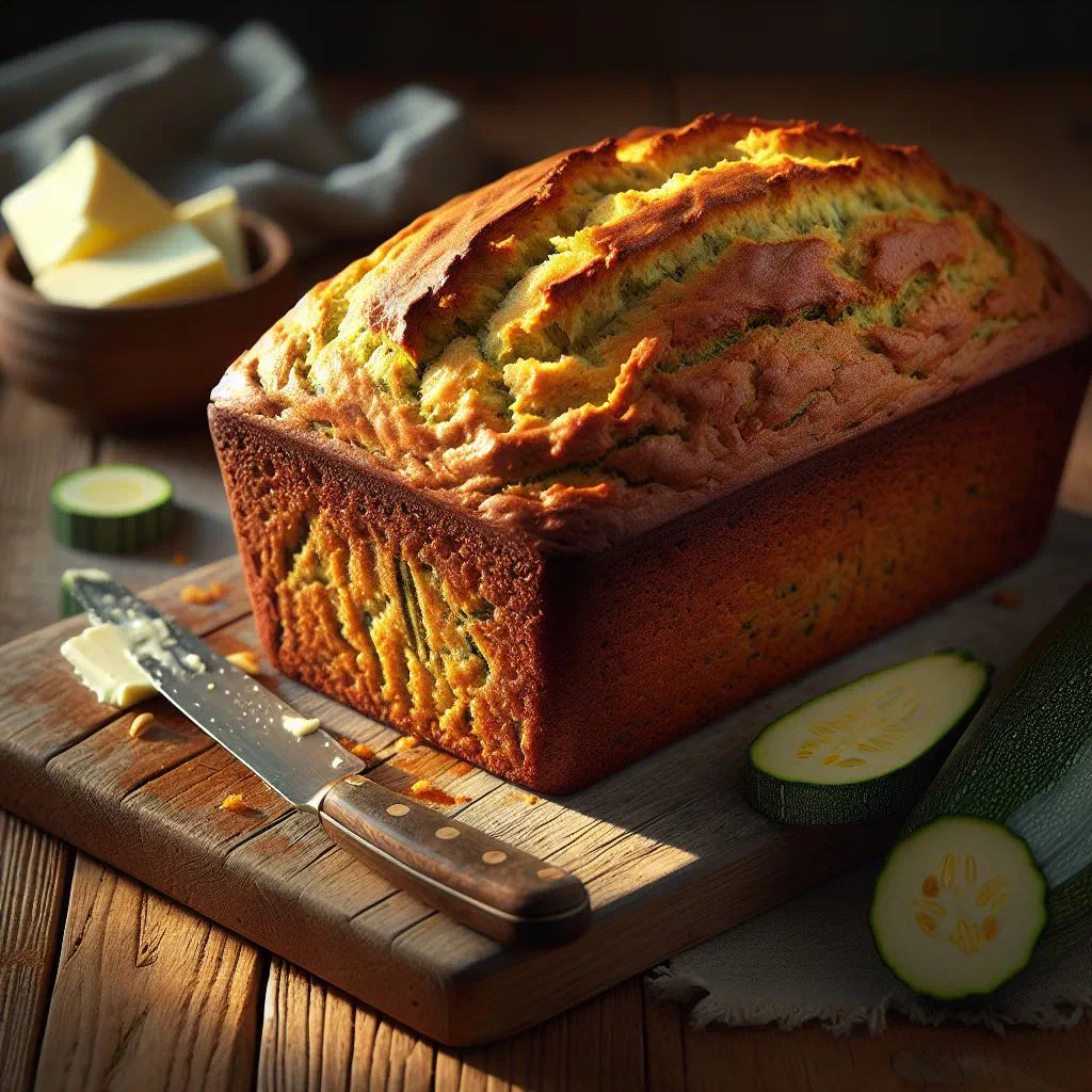 Sliced loaf of moist zucchini bread on a wooden board