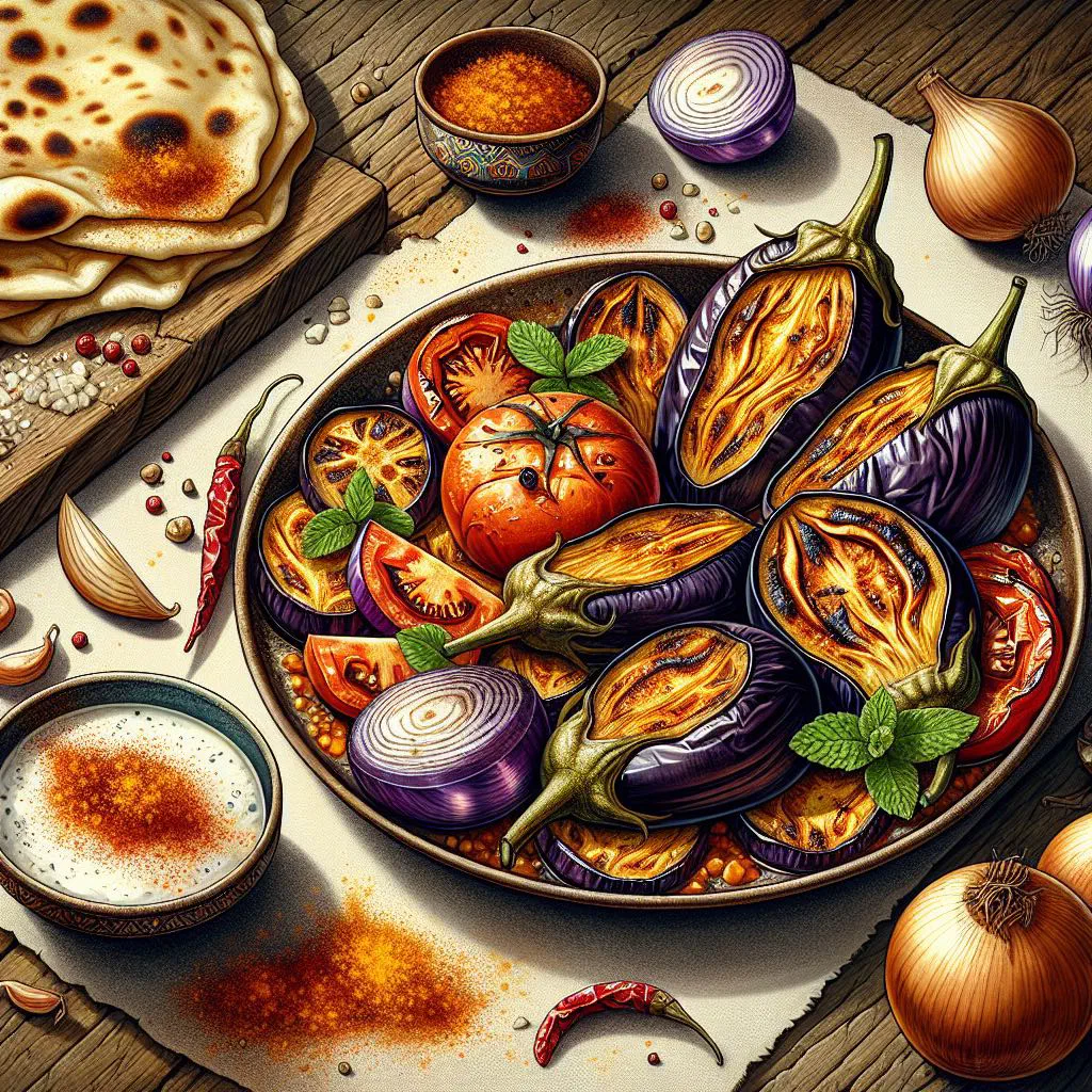 Uzbek bademjan with fried aubergine slices, tomatoes and fresh parsley