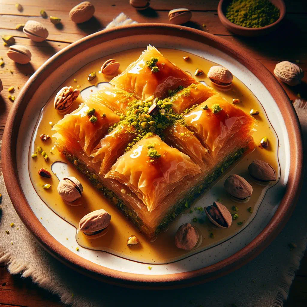 Diamond-cut baklava pieces glazed with honey syrup and topped with chopped nuts