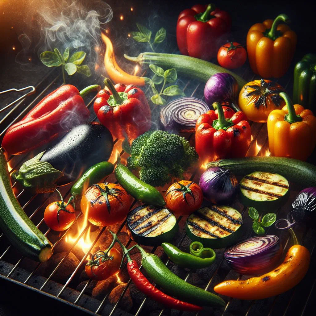 Charred aubergine, courgette, peppers and tomatoes on a rustic platter with fresh herbs