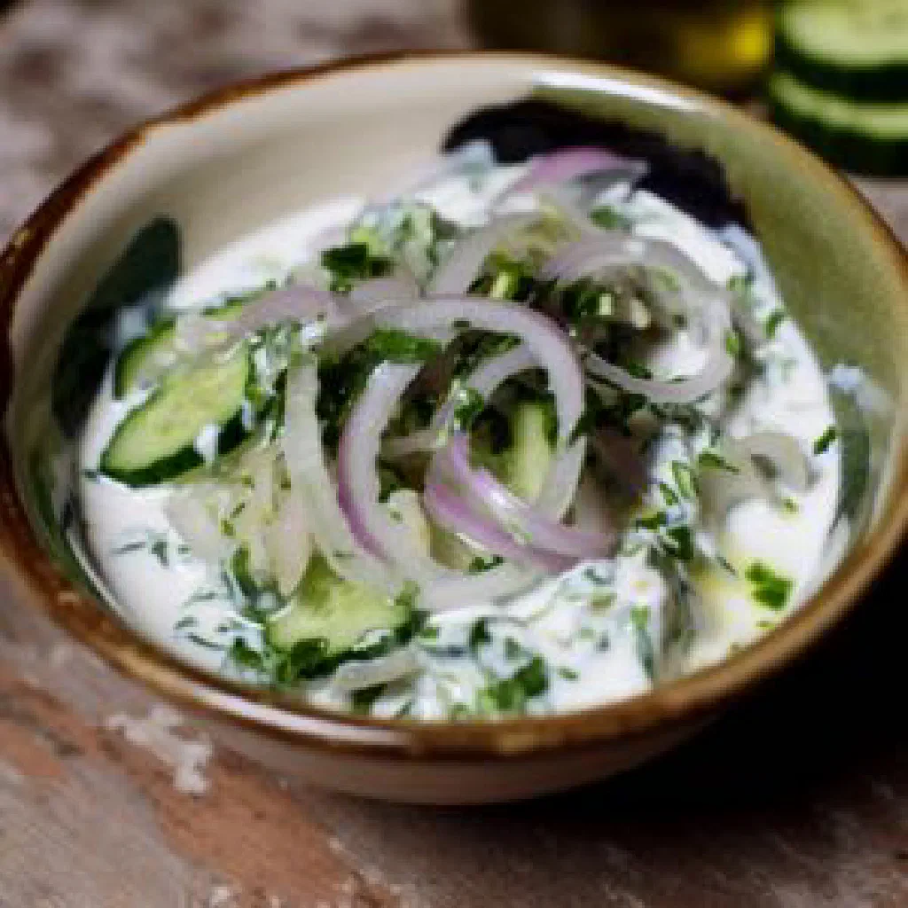 Chilled Uzbek chalop soup with yoghurt, diced cucumber and fresh herbs