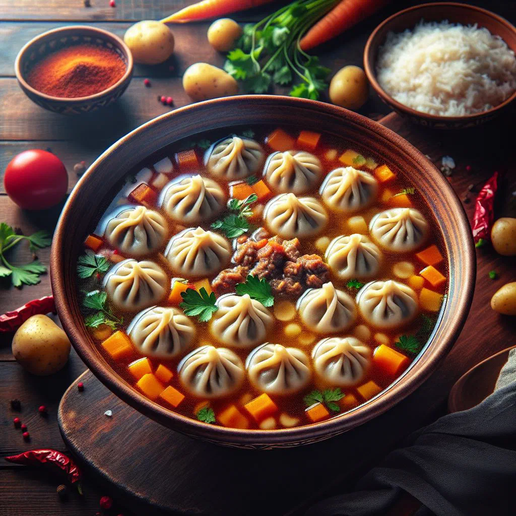 Bowl of Uzbek chuchvara soup with tiny dumplings in clear broth and fresh herbs