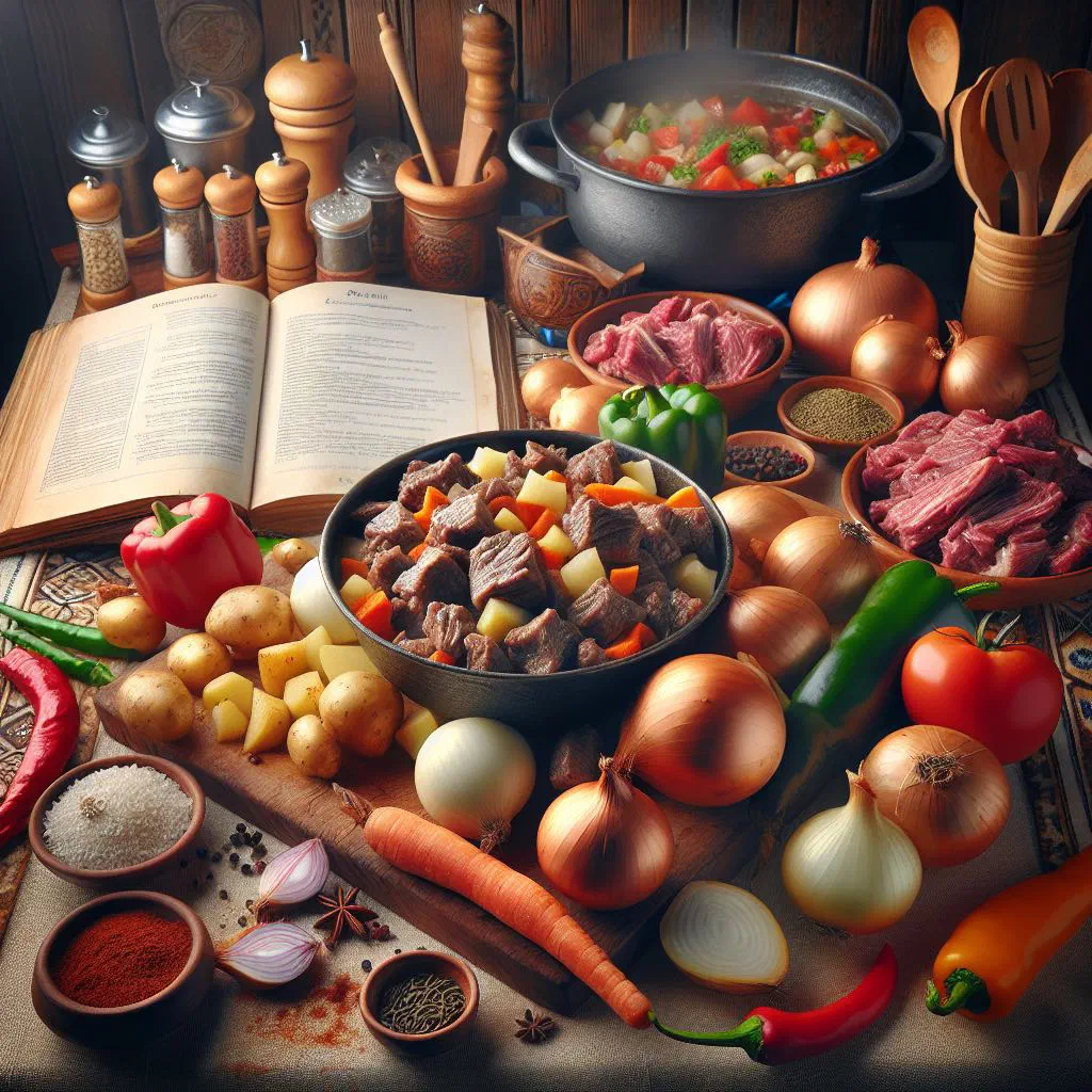 Uzbek dimlama stew with tender meat, potatoes, carrots and peppers
