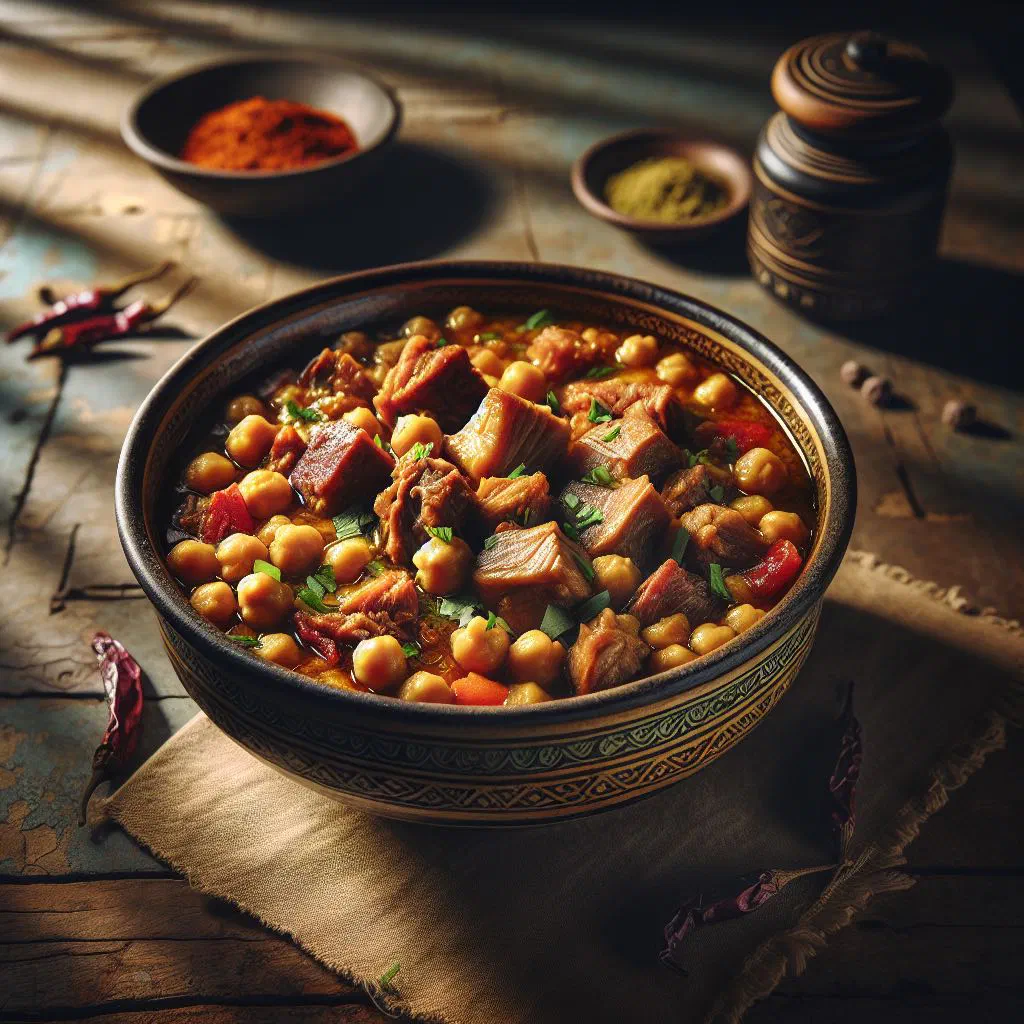 Bowl of Uzbek gush nakhud chickpea stew garnished with fresh parsley
