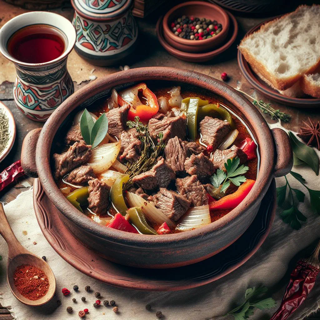 Uzbek kavurma of braised meat with onions and carrots, garnished with fresh herbs