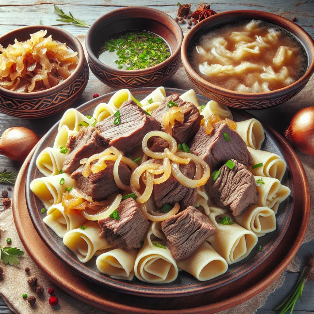 Kazy beshbarmak with tender meat on wide homemade noodles and fresh herbs
