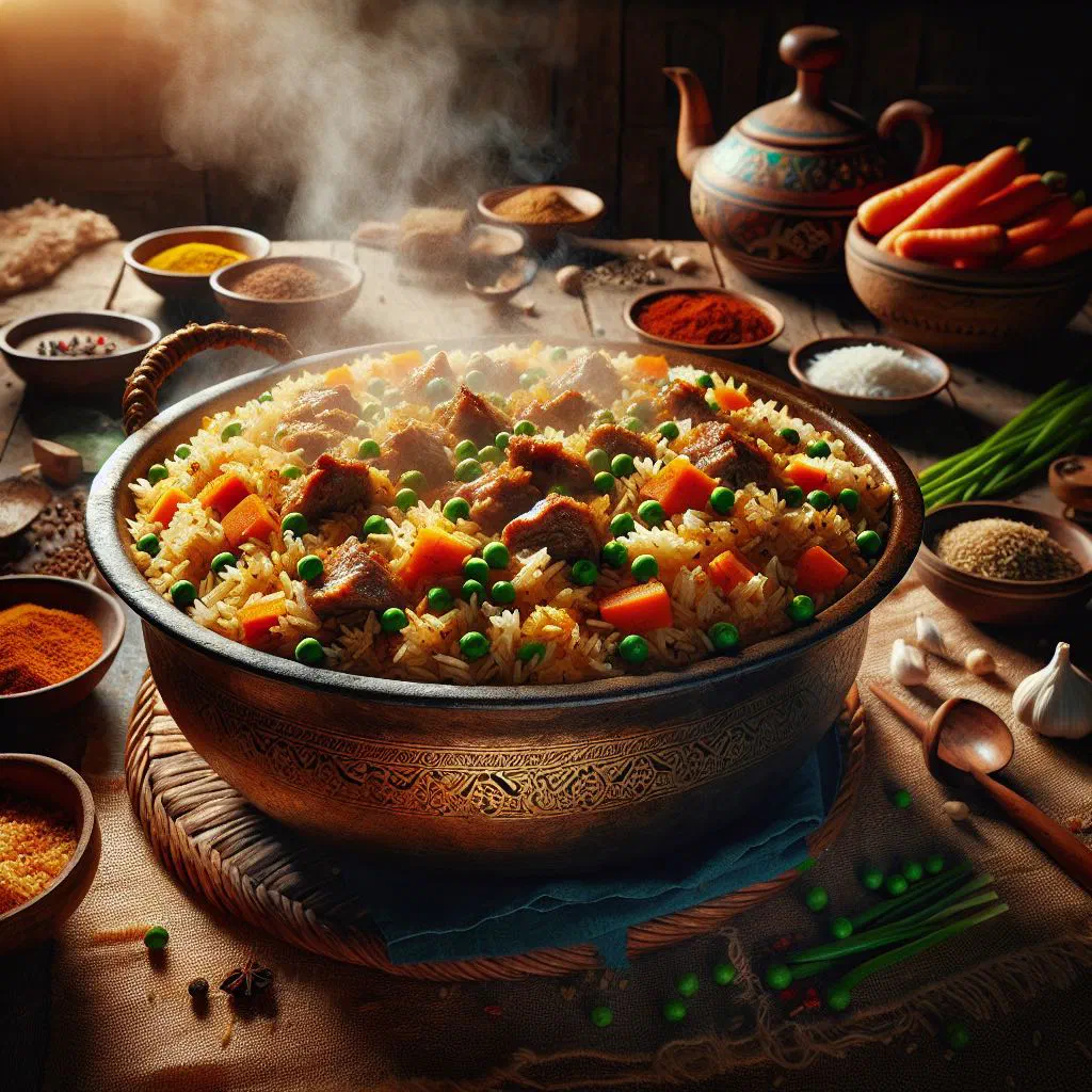 Uzbek kichiri plov with rice, tender lamb and carrots in a serving dish