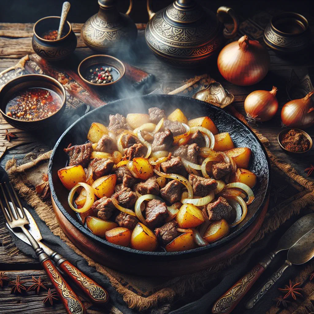 Braised kuurdak with tender meat, potatoes and onions in a pot