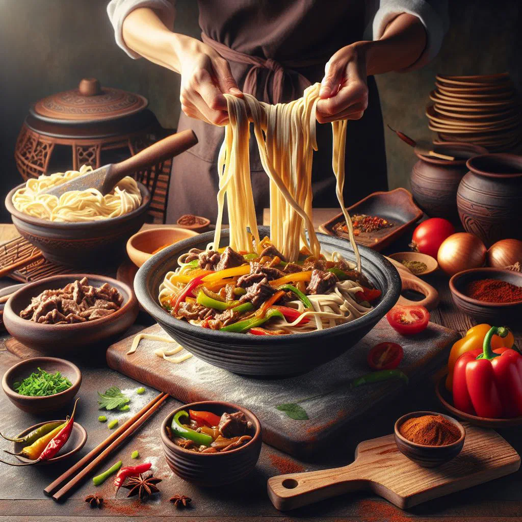Bowl of Uzbek lagman noodle soup with beef, peppers and fresh herbs