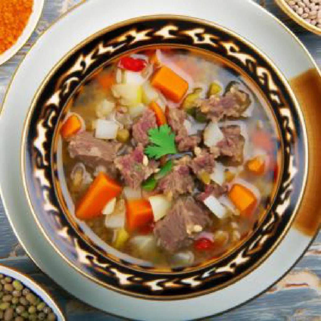 Bowl of Uzbek mashhurda with rice, tender meat and carrots, topped with fresh herbs