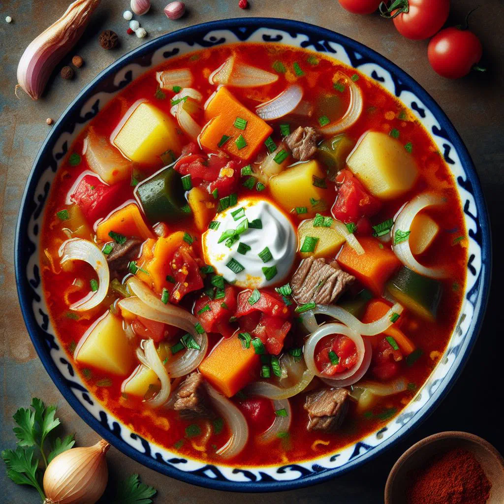 Bowl of Uzbek mastava rice soup with meat, carrots and fresh herbs