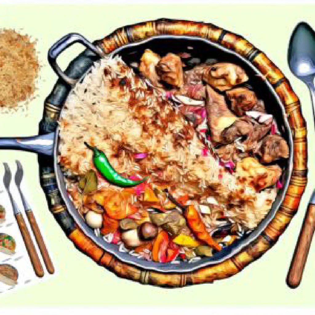 Uzbek osh palov with rice, lamb and carrot strips in a wide serving dish