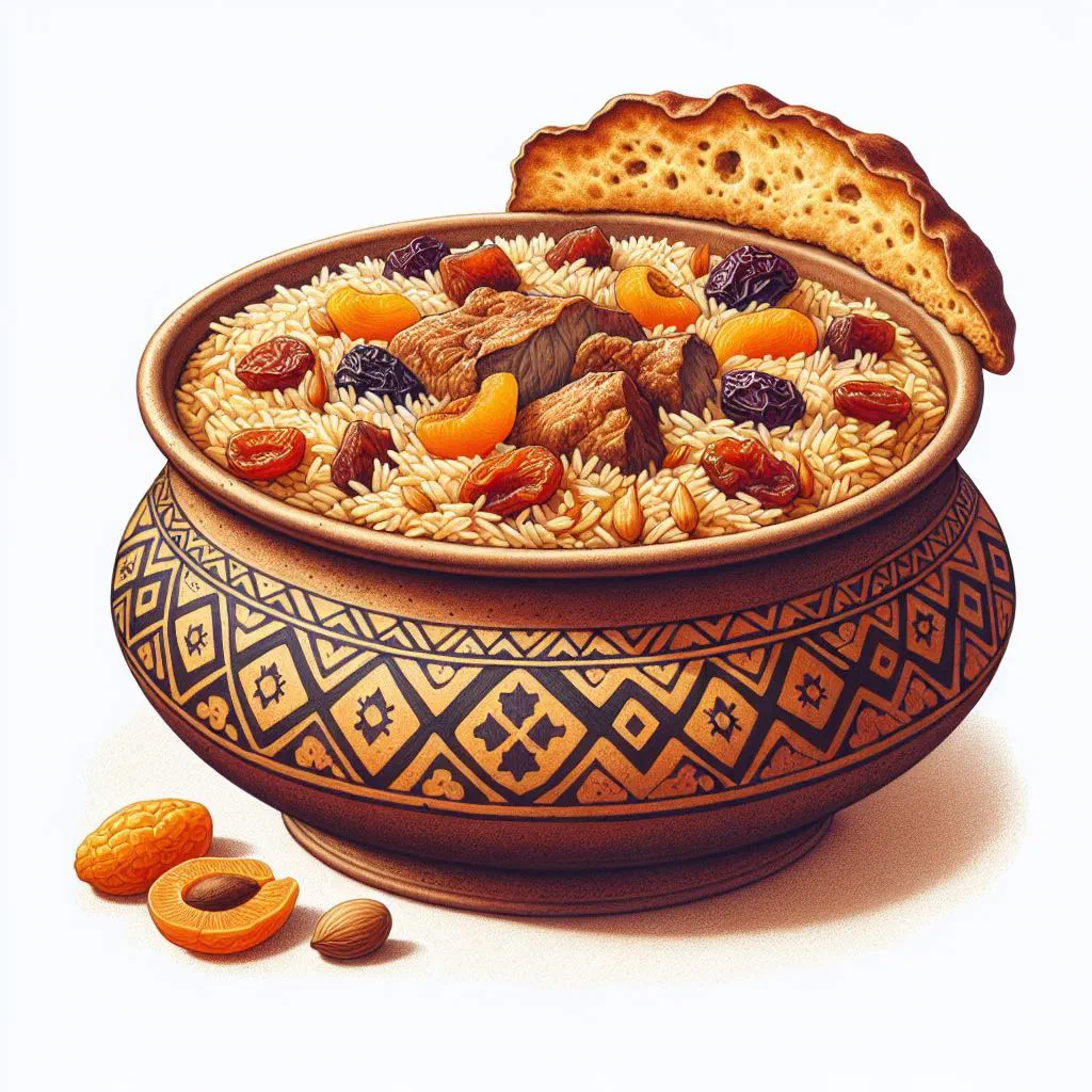 Parda plov baked in a golden pastry crust, opened to reveal rice, meat and carrots