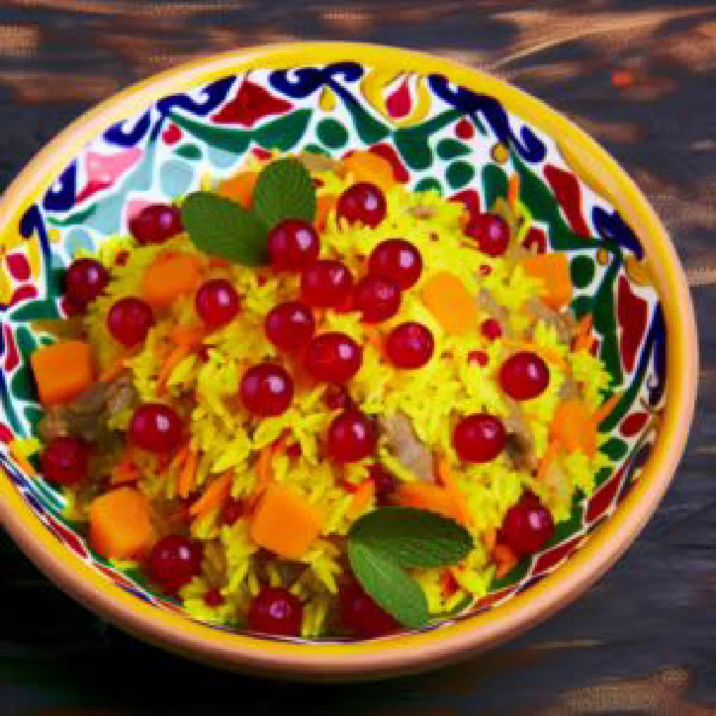 Sweet Uzbek shirin plov with lamb, carrots and dried fruit on a platter