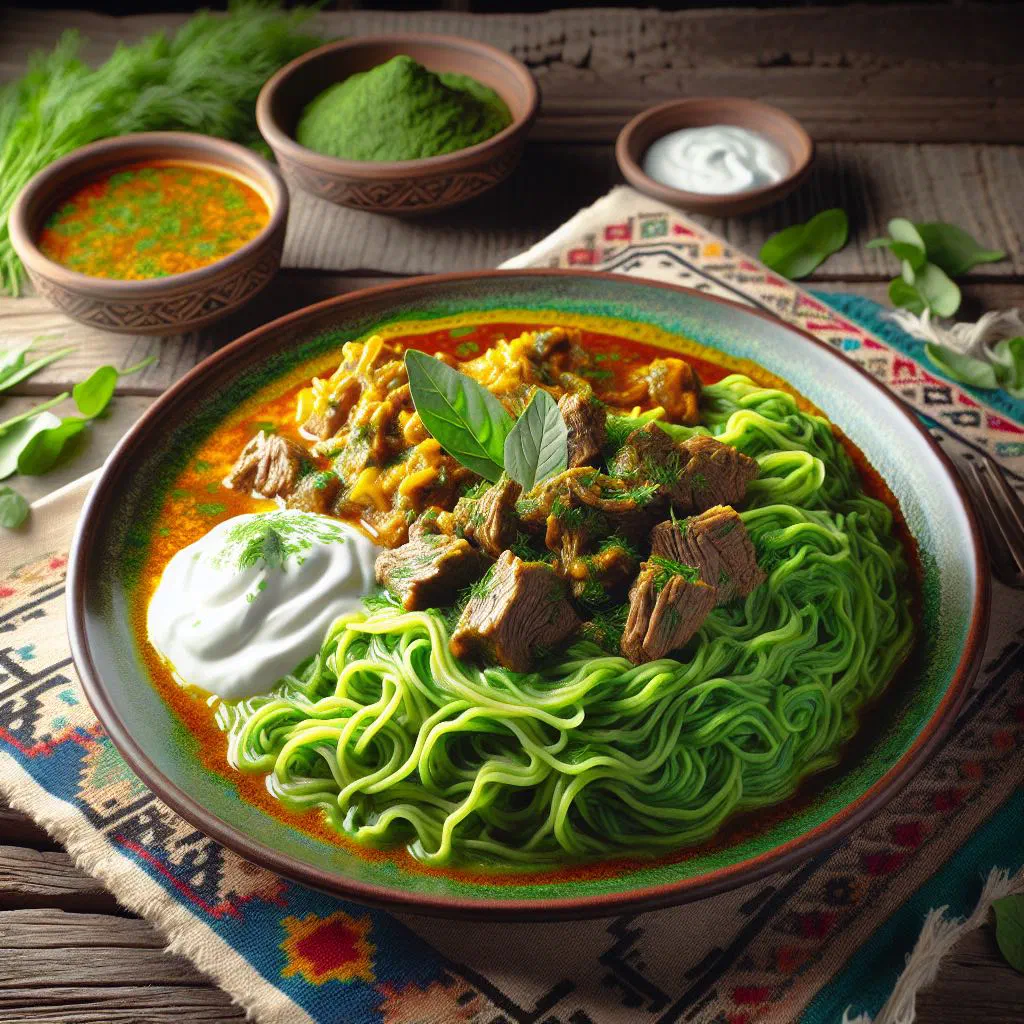 Herb-flecked rice with tender lamb, garnished with fresh dill