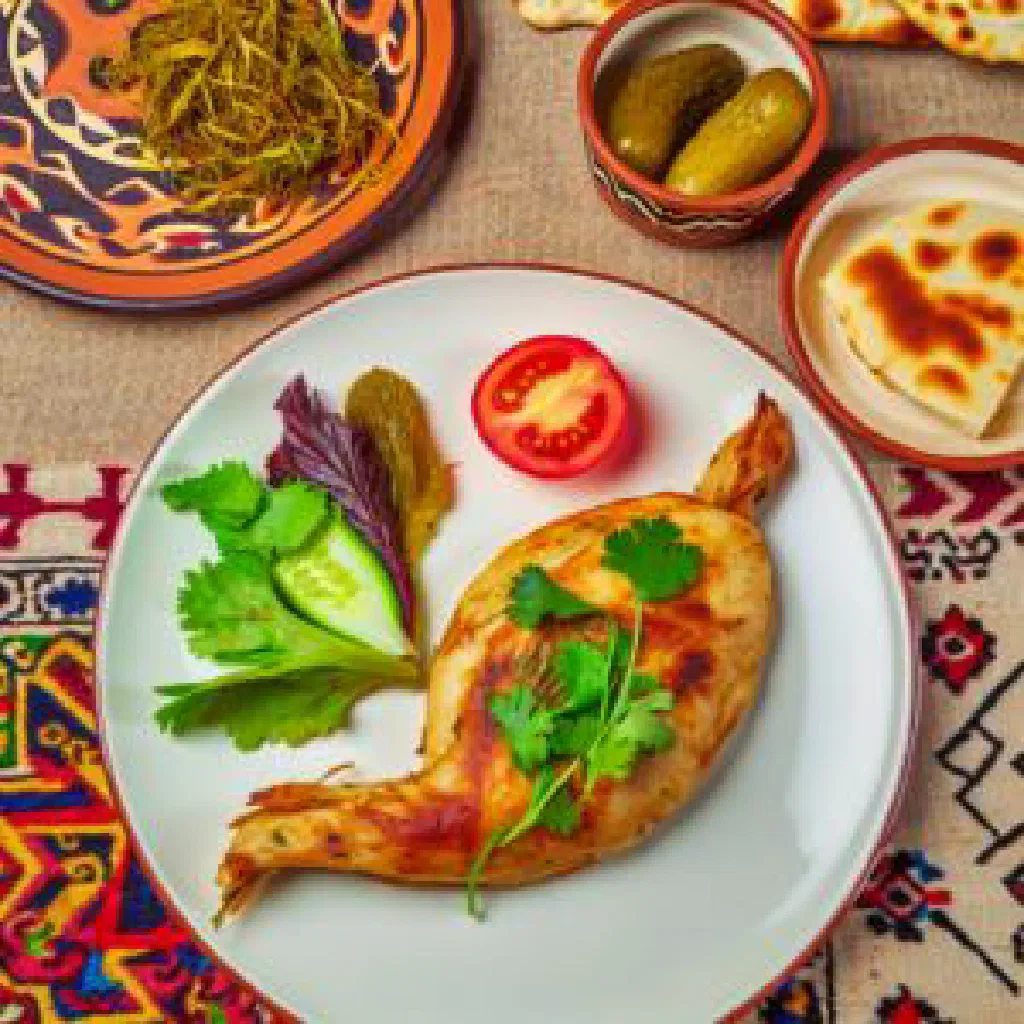 Golden pan-fried tabaka chicken garnished with fresh herbs