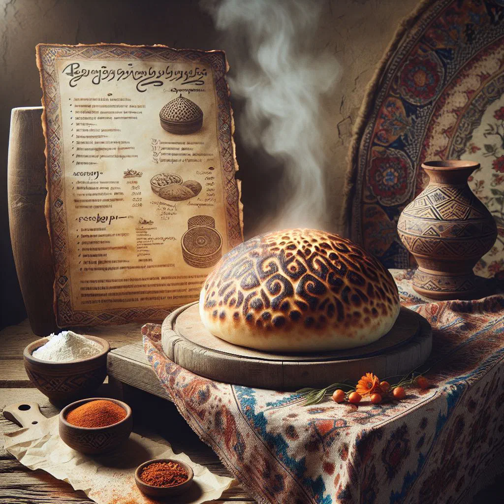 Round Uzbek tandoor bread with a golden crust and patterned centre