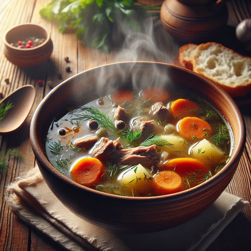 Bowl of Uzbek ugra soup with meat, carrots and fresh herbs