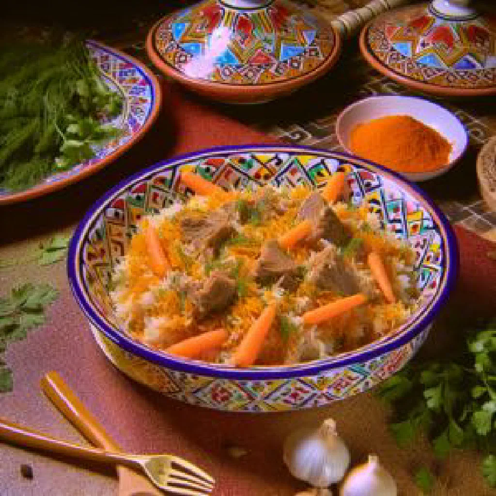 Uzbek zira plov with rice, carrot strips, cumin and tender lamb