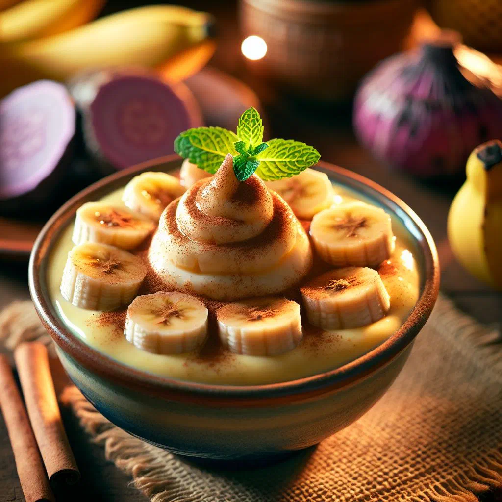 Creamy banana and taro pudding served in a small dish