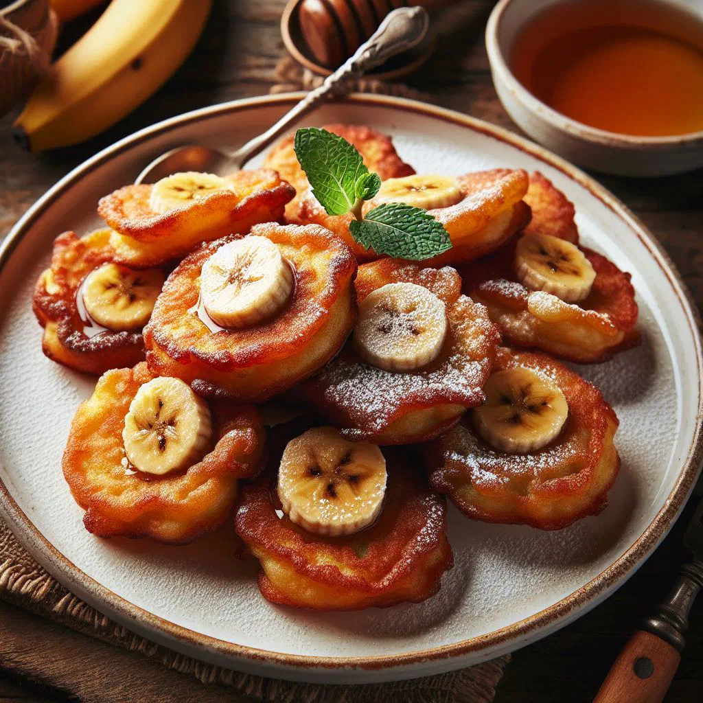 Golden-brown banana fritters dusted with icing sugar