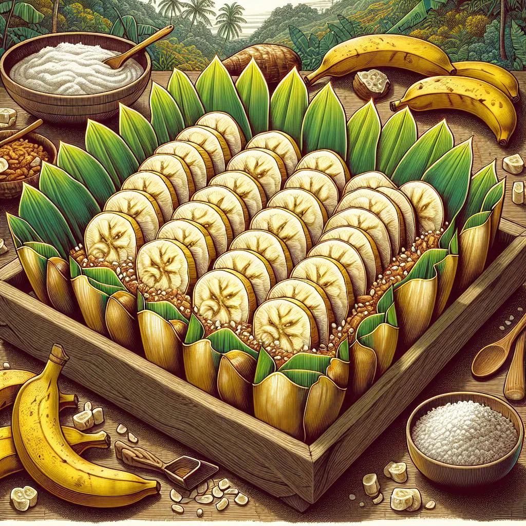 Banana lap-lap wrapped and cooked in banana leaves, served warm