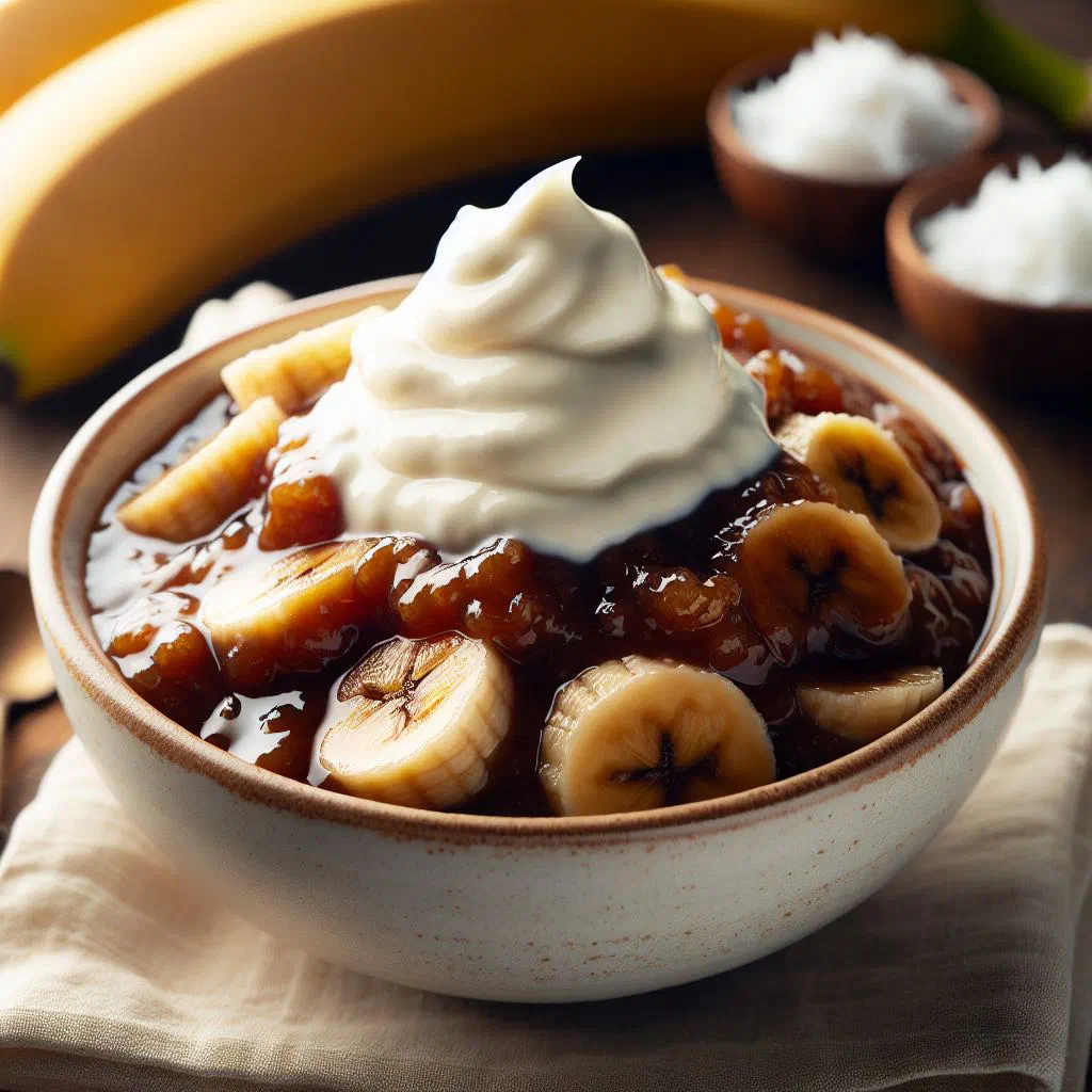 Baked banana po'e dessert topped with toasted coconut