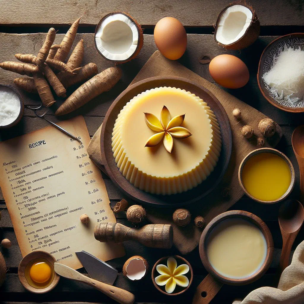 Golden baked cassava pudding served in a dish with tropical fruit