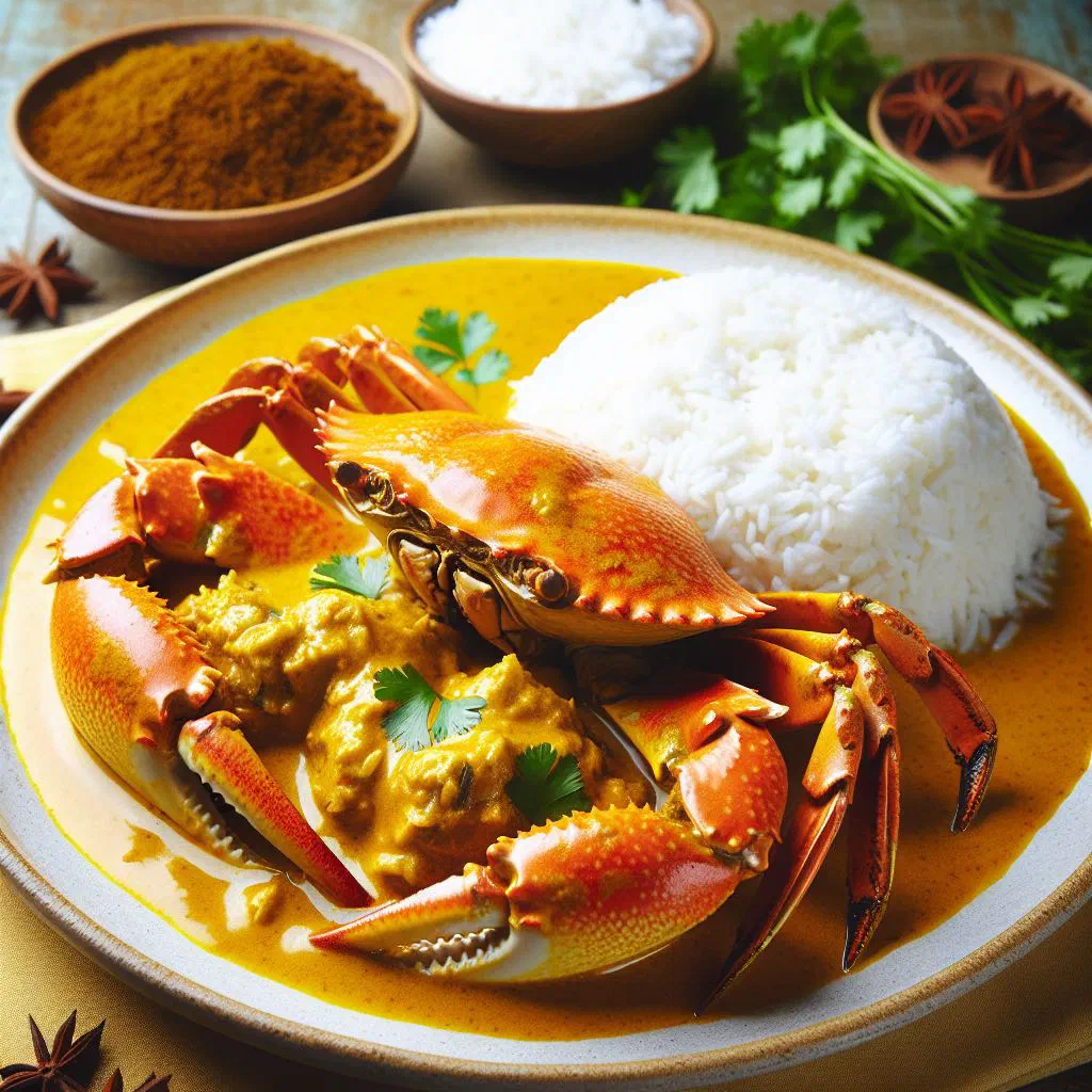 Coconut crab curry in a rich coconut sauce garnished with fresh coriander