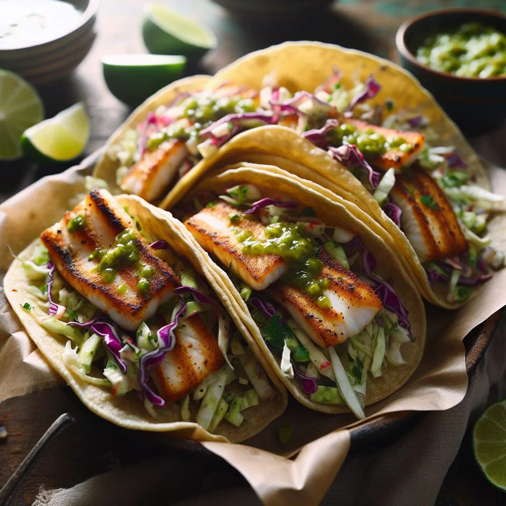 Fish tacos in soft tortillas topped with crunchy cabbage slaw and lime