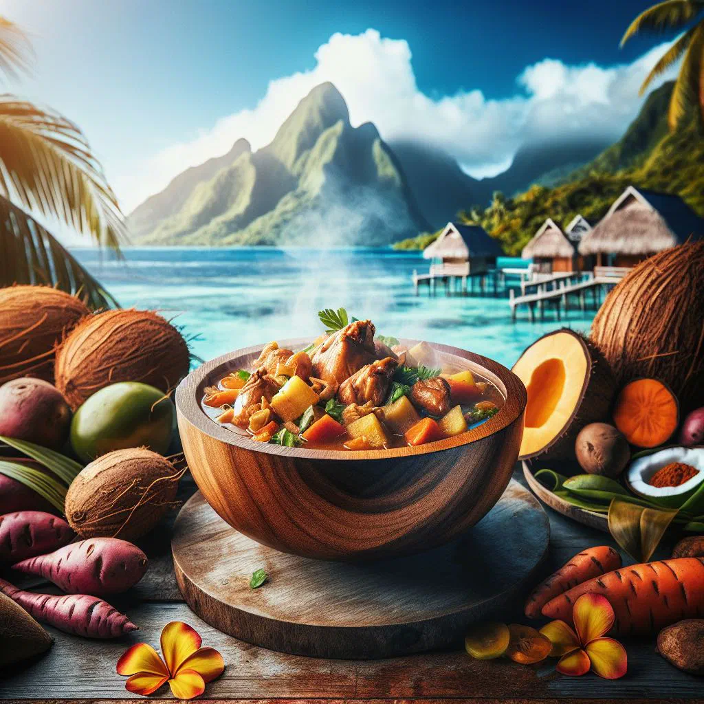 Island chicken stew in coconut milk with papaya, garnished with fresh herbs
