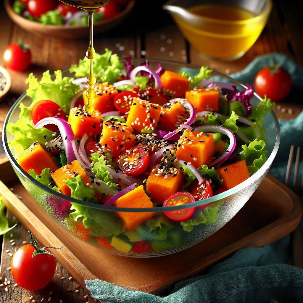 Kumala salad with diced sweet potato, red pepper, cucumber and fresh coriander