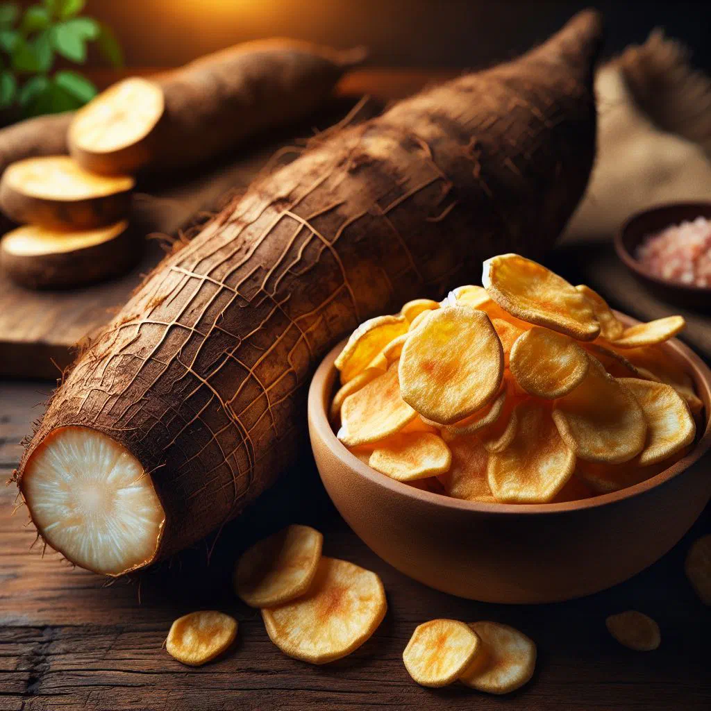 A bowl of crisp golden manioc chips sprinkled with salt
