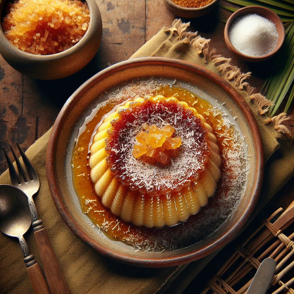 Creamy manioc pudding set in a glass bowl, topped with tropical fruit